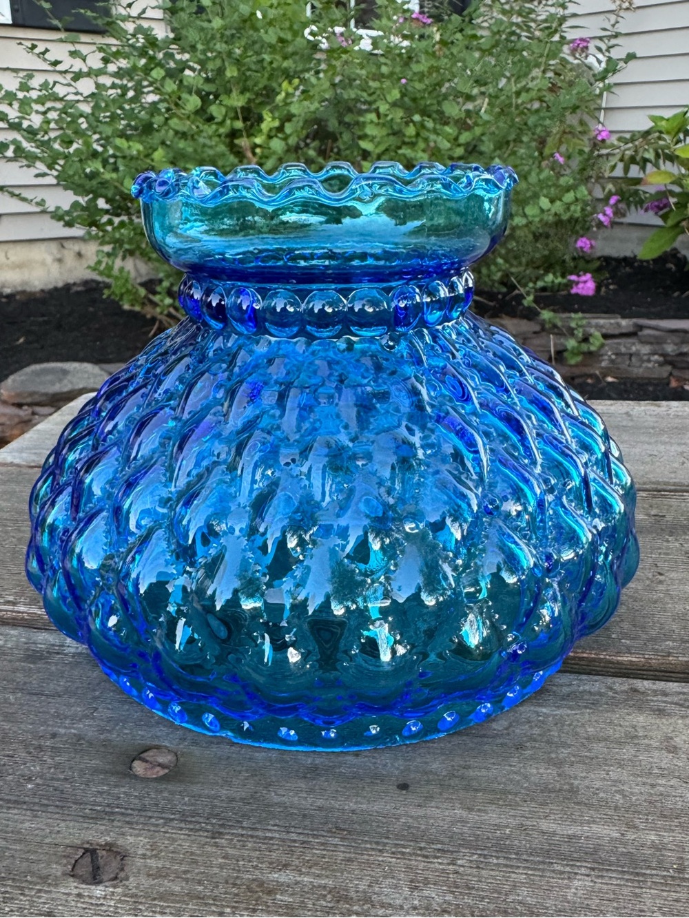 Vintage Fenton blue glass diamond quilted hurricane lamp shade